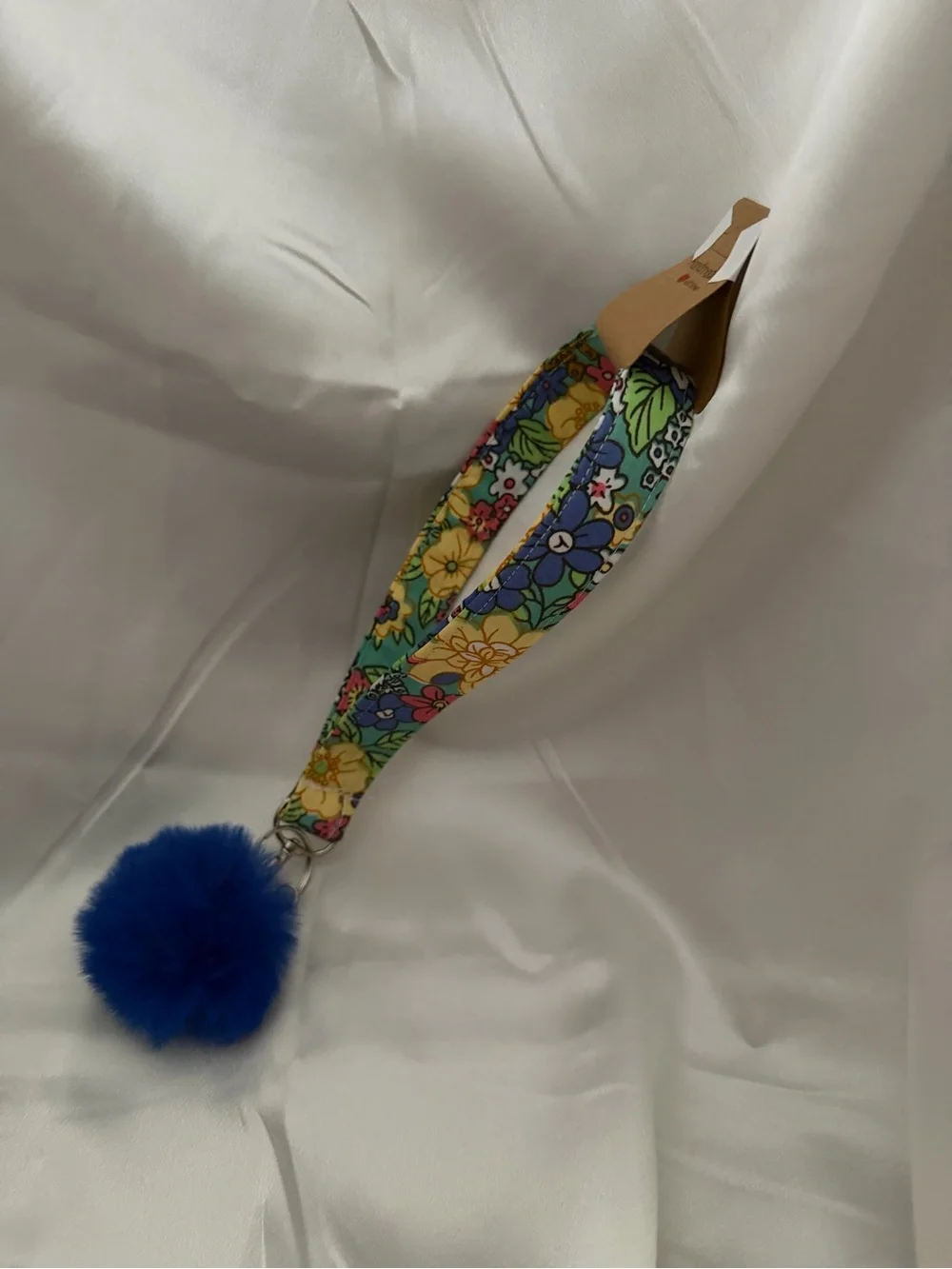 Handmade Multi-Color Floral Wristlet Keychain with Navy Blue Pompom
